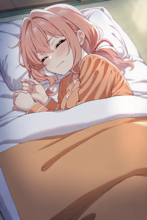 masterpiece, best quality, newest, absurdres, highres, 1girl, solo, <lora:amagamiyuna-illu-nvwls-v1-000006:1> amagamiyuna, hair intakes, long hair, sidelocks, low ponytail, hair ribbon, medium breasts, orange pajamas, futon, under covers, closed eyes, wavy...