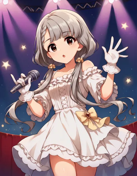 score_9,score_8_up,score_7_up,1girl,solo,cowboy shot,looking at viewer,open mouth,holding microphone,waving,stage lights,
<lora:hisakawanagi_ponyXLV6:0.8>,cghn,
grey hair,braided bangs,low twintails,brown eyes,
white dress,off shoulder,frills,white gloves