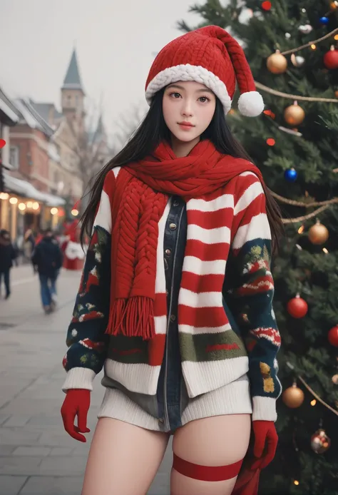 1girl,,ruanyi1386,beanie,multicolored clothes,striped clothes,red scarf,christmas,standing,thigh gap,christmas tree,blurry background,outdoors,red gloves,<lora:1386 christmas_v1_pony:1>, score_9,score_8_up,score_7_up,,8k,solo,,