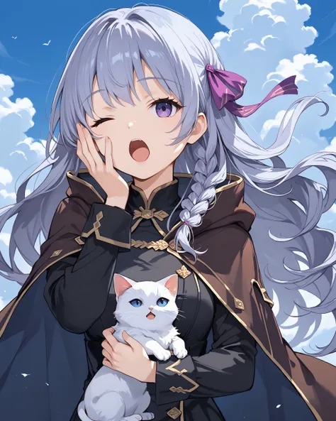 score_max, (score_9, score_8_up, score_7_up:1.2), score_6_up, official art, source_anime,
, masterpiece, absurdres, high detail, 8k,
simple background, blue sky, cloud, upper body,
cat on head, white cat, kitten, hand up, yawning, one eye closed,
, felicet...