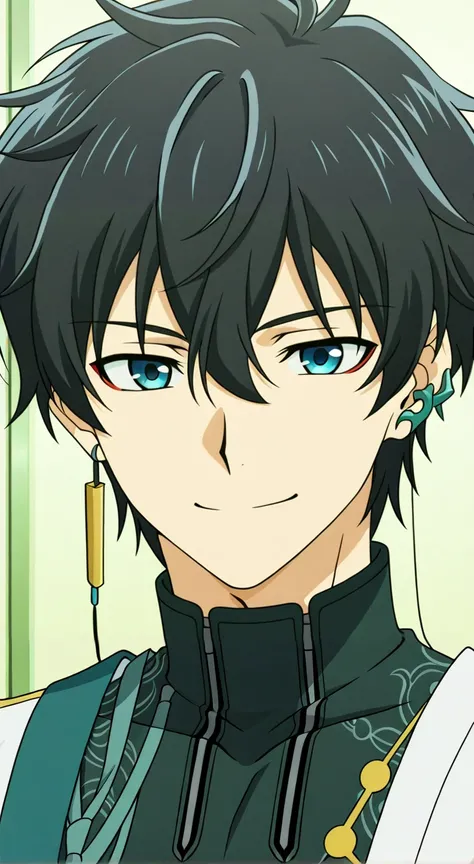 score_9, score_8_up, score_7_up, source_anime, highres, (masterpiece, best quality, (anime, anime coloring:1.3),1boy,solo,male focus,Anime screencap,dan heng,black hair,short hair,hair between eyes,blue eyes,jewelry,earrings,smile,upper body