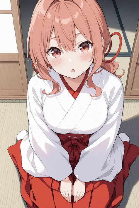 masterpiece, best quality, 1girl, solo,  <lora:amagamiyuna-illu-nvwls-v1-000006:1> amagamiyuna, hair intakes, long hair, sidelocks, low ponytail, hair ribbon, white kimono, red hakama skirt, wide sleeves, seiza, looking at viewer, from above, chestnut mout...