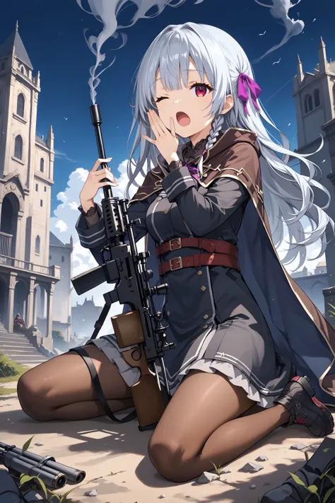 score_max, (score_9, score_8_up, score_7_up:1.2), score_6_up, official art, source_anime,
, masterpiece, absurdres, high detail, 8k,
outdoor, battlefield, smoke,
sitting on ground, holding rifle, sniper rifle, yawning, one eye closed,
, felicette, hair rib...