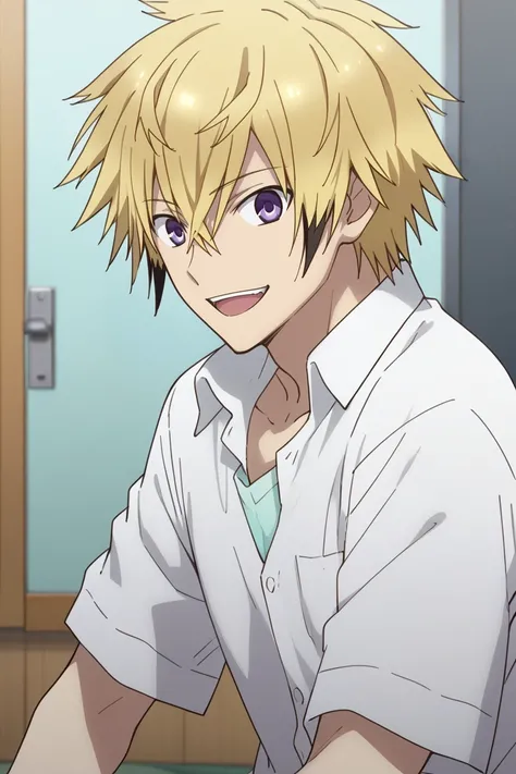 1boy,solo,male focus,tsuchimikado harutora,blonde hair,black hair,purple eyes,white shirt,smile,open mouth,looking at viewer