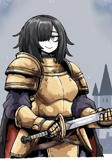 1girl, black hair, pale skin, purple eyes, hair over one eye, medium hair, medium breasts, red lipstick,
closed mouth, smile, cowboy shot,
armor, weapon, breastplate, sword, shoulder armor, holding, plate armor, gauntlets, cape, pauldrons, holding weapon, ...