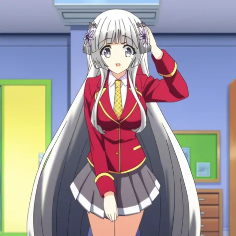 1girl, solo female, happy, looking at viewer, indoors, bedroom, standing, BREAK, kokubyakuin seira noucome anime style, grey hair, very long hair, long sidelocks, hair flower, grey eyes, large breasts, BREAK, seiras school outfit, blazer, red jacket, notch...