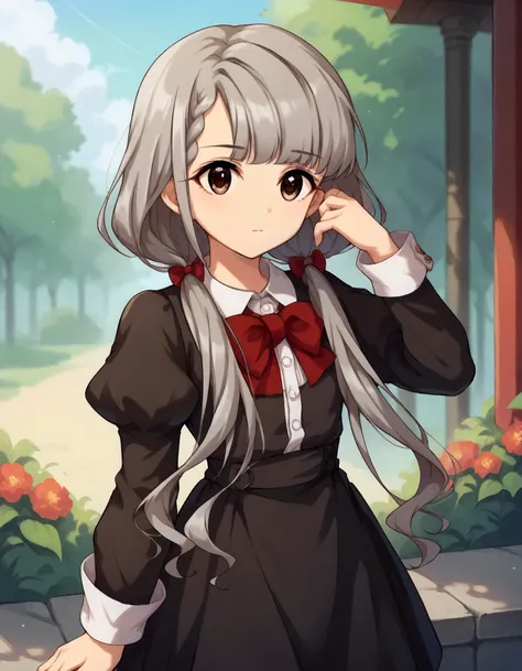 score_9,score_8_up,score_7_up,1girl,solo,cowboy shot,looking at viewer,closed mouth,hand up,outdoors,
<lora:hisakawanagi_ponyXLV6:0.8>,cghn,
grey hair,braided bangs,low twintails,brown eyes,
red bowtie,black dress shirt,puffy sleeves,black skirt