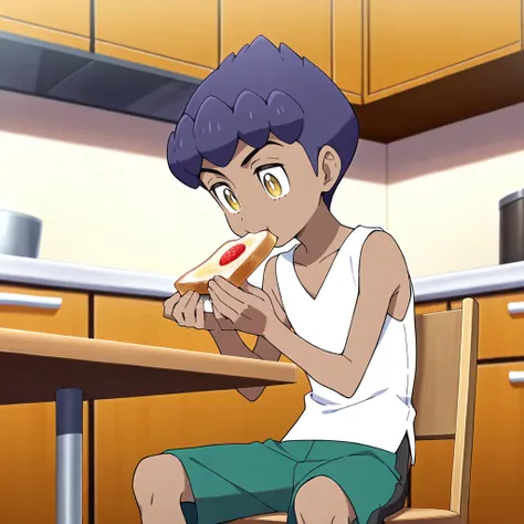 masterpiece, highres, absurdres, incredibly absurdres, high quality,hop (pokemon),short hair,purple hair,dark skin,yellow eyes,bright pupils,white pupils, dark-skinned male,1boy,solo,male focus,anime screencap,sitting in kitchen,sleeveless shirt, white shi...