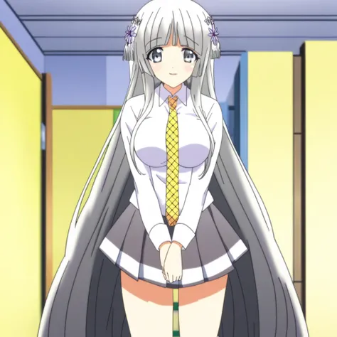 1girl, solo female, happy, looking at viewer, indoors, bedroom, standing, BREAK, kokubyakuin seira noucome anime style, grey hair, very long hair, long sidelocks, hair flower, grey eyes, large breasts, BREAK, seiras school outfit, yellow necktie, plaid nec...