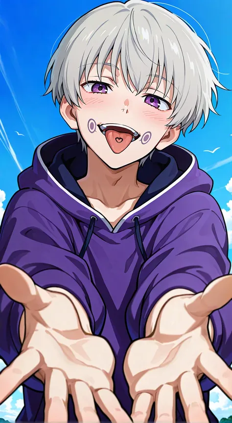 score_9, score_8_up, score_7_up, source_anime, highres, (masterpiece, best quality, (anime, anime coloring:1.3),1boy,solo,male focus,Anime screencap,toge inumaki,grey hair,short hair,purple eyes,tattoo,facial tattoo,hoodie,looking at viewer,blush face,open...