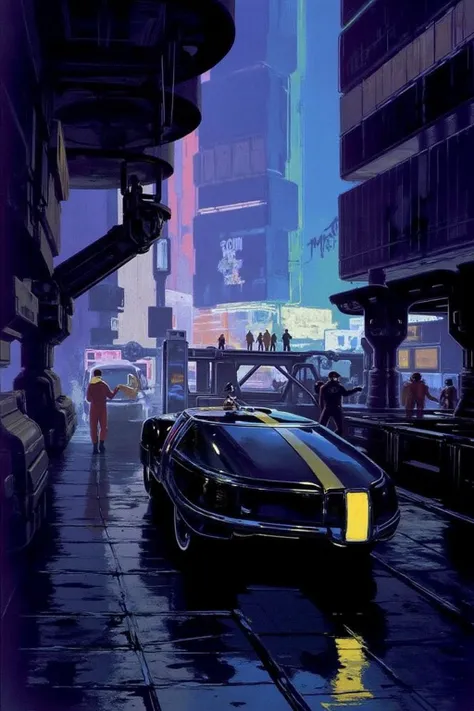 sydme1 painting A neon-lit cyberpunk cityscape at night, featuring a rain-slick street reflecting colorful lights from towering buildings covered in glowing signs with futuristic scripts. A black spinner flying car, with a yellow stripe running down its si...