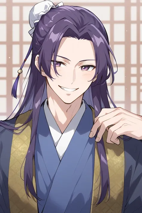 1boy,solo,male focus,jinshi,purple hair,long hair,purple eyes,hair bun,chinese clothes,smile