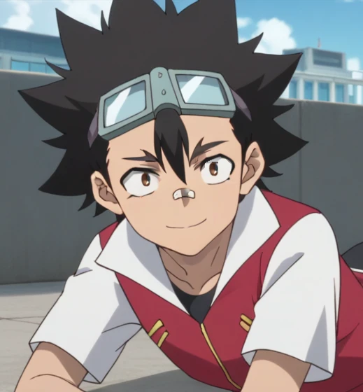 male, black hair, spiked hair, bangs, brown eyes, goggles, goggles on head, bandaid on nose, red jacket, popped collar, short sleeves, black undershirt, outdoors, city, day