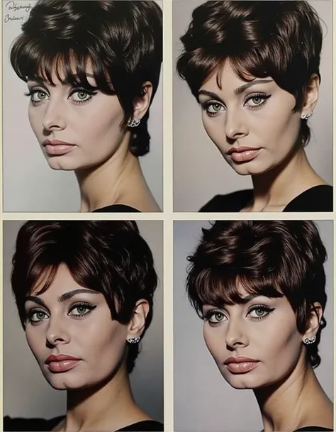 Contact sheet with 4 images of Sophia Loren a woman wearing a black shirt, classic pixie cut hairstyle in a classic 1950s look, green eyes, looking at viewer, realistic, masterpiece <lora:Sophia_Loren:1> <lora:FLUX.1-Turbo-Alpha:1>