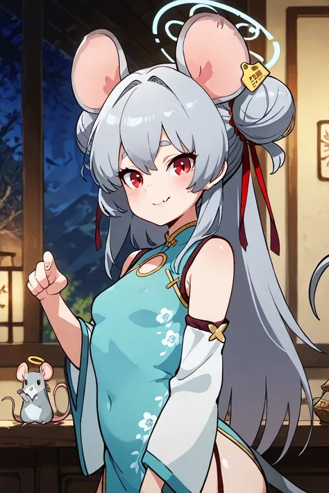 masterpiece, best quality, solo, curvy, beautiful eyes, zzSaya, animal ears, mouse ears, long hair, red eyes, grey hair, halo, mouse tail, mouse girl, tail, fang, china dress, ear tag, solo, blue dress, detached sleeves, mouse, bow  ,<lora:SayaBluearchiveI...