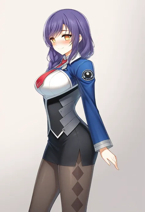 1girl,alice wiseman,closers,from side,from avode,blush,aroused,breasts,large breasts,purple hair,shirt skirt,argyle pantyhose,red necktie,braid,smile,yellow eyes,game cg,official art,best quality,amazing quality, very aesthetic, highres, incredibly absurdr...