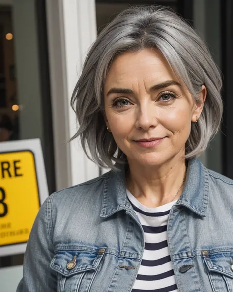 woman, missyGNRC, downright item, shocked, grey hair, denim jacket, striped shirt, and white sneakers, department store