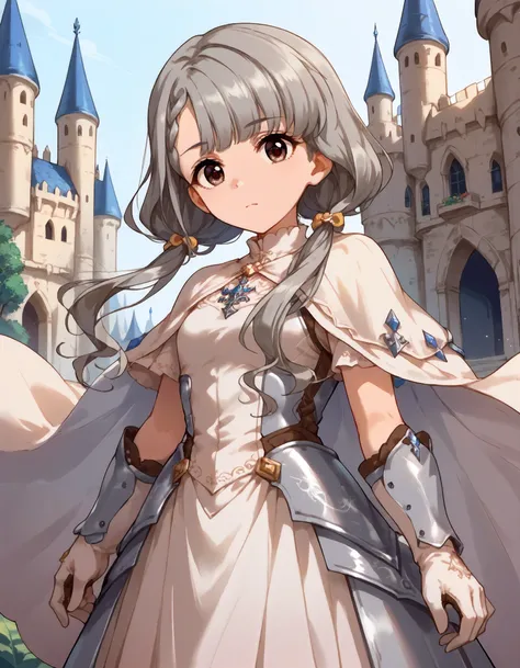 score_9,score_8_up,score_7_up,1girl,solo,cowboy shot,looking at viewer,closed mouth,fantasy castle,
<lora:hisakawanagi_ponyXLV6:0.8>,cghn,
grey hair,braided bangs,low twintails,brown eyes,
armored dress,white cape,gloves