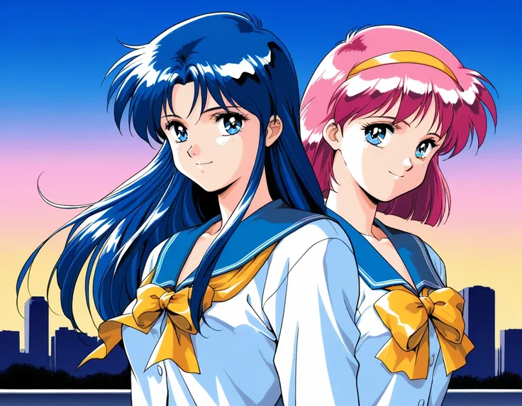 masterpiece, best quality, good quality, <lora:AiShimai_Futari_no_Kajitsu_IS:1> Kitazawa_Rumi, 1girl, blue hair, breasts, long hair, blue eyes, 
school uniform, serafuku, 1990s (style) BREAK, Kitazawa_Tomoko, 1girl, pink hair, Yellow hairband, small breast...