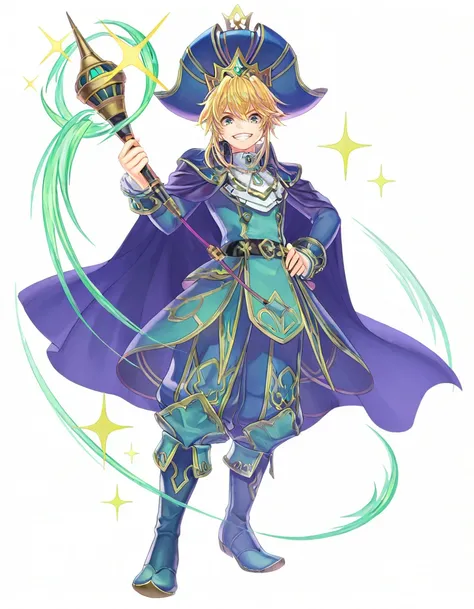 <lora:GAME_STYLE_Echoes_of_Mana_IL:1>,
airbrush (medium),
BREAK
1boy, blonde hair, male focus, solo, green eyes, smile, full body, boots, cape, looking at viewer, white background, teeth, hat, hand on hip, official alternate costume, sparkle, crown, grin, ...