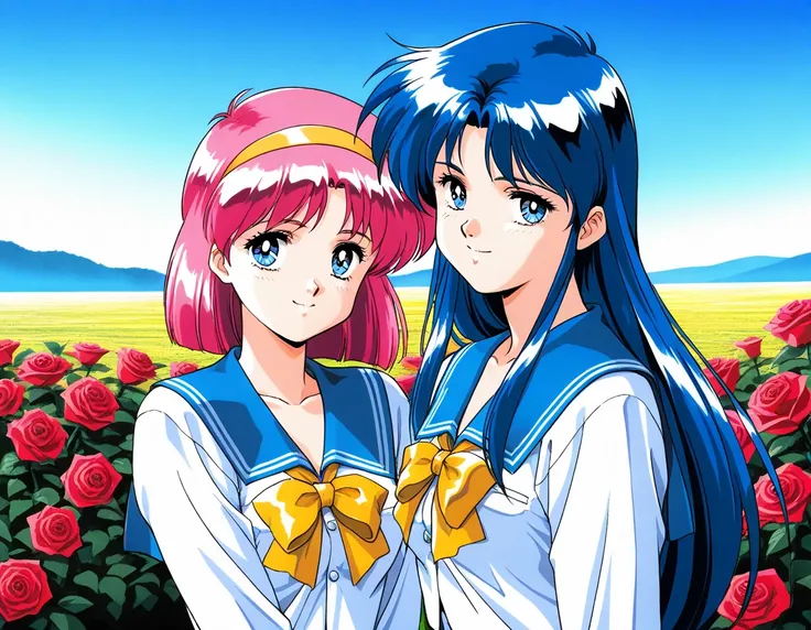 masterpiece, best quality, good quality, <lora:AiShimai_Futari_no_Kajitsu_IS:1> Kitazawa_Rumi, 1girl, blue hair, breasts, long hair, blue eyes, 
school uniform, serafuku, 1990s (style) BREAK, Kitazawa_Tomoko, 1girl, pink hair, Yellow hairband, small breast...