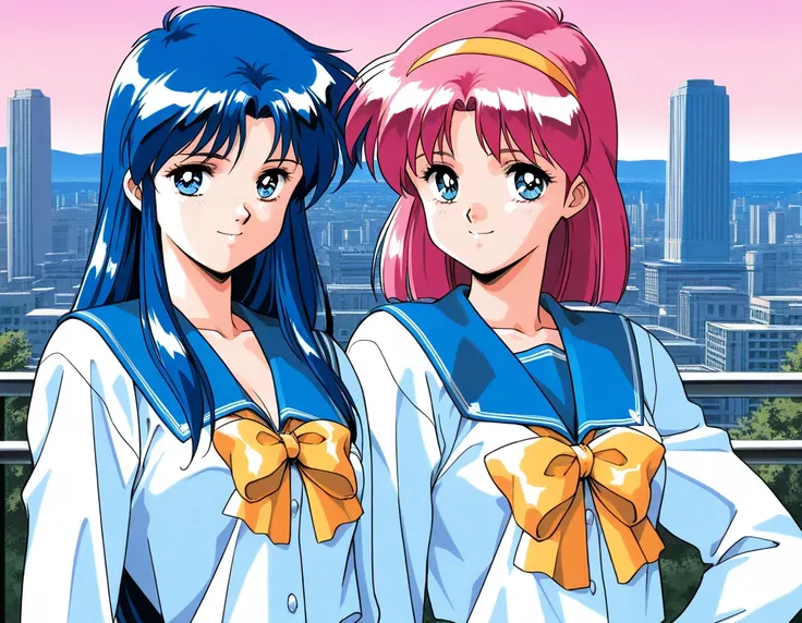 masterpiece, best quality, good quality, <lora:AiShimai_Futari_no_Kajitsu_IS:1> Kitazawa_Rumi, 1girl, blue hair, breasts, long hair, blue eyes, 
school uniform, serafuku, retro artstyle, 1990s (style) BREAK, Kitazawa_Tomoko, 1girl, pink hair, Yellow hairba...