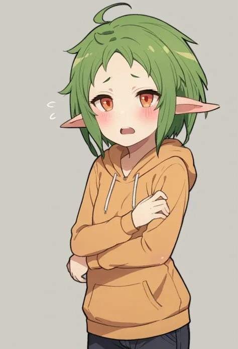 score_9, score_8_up, score_7_up, , <lora:add-detail-xl:3>,
BREAK
<lora:MT_col_v2:0.8>, (sylphy), green hair, medium hair, parted bangs, pointy ears, orange eyes, 
hoodie, pants, blush, open mouth, embarrassed pose,