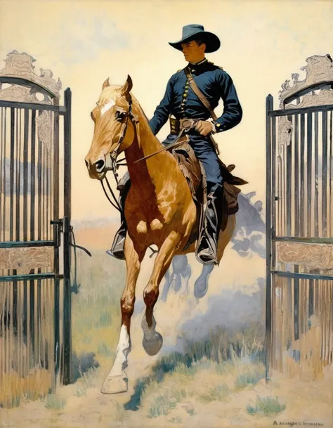 a Remington painting of a single blond US Cavalry man on horseback riding through the gate of Fort Sheridan in Wyoming, 1867<lora:FRemington-000001:1>