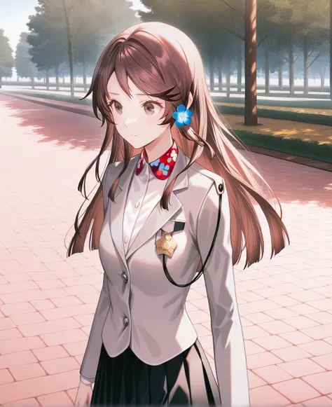 artist:gomzi,artist:wanke,artist:diyokama, rei_(sanbonzakura),[[artist:fuzichoco]],year 2023, 
solo,
kashiwaba kotono, brown eyes, brown hair, long hair, hair flower, collar, white shirt, grey blazer, medal, black skirt,
upper body, park, 