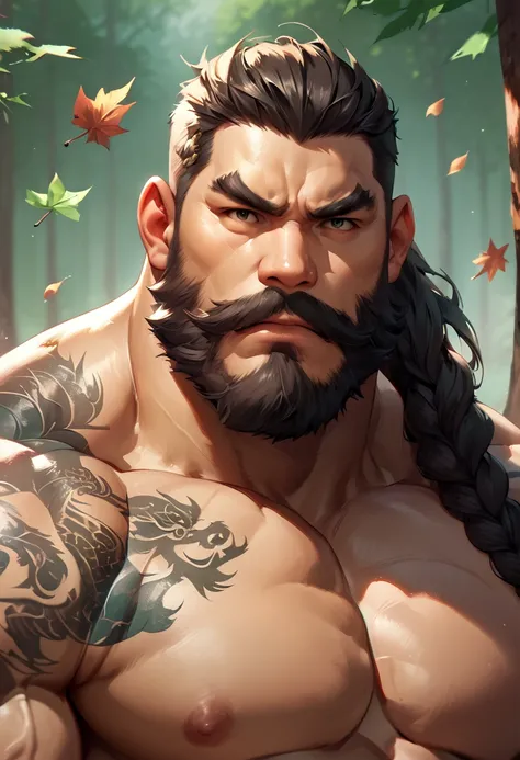 core_9,score_8_up,score_7_up,score_6_up,A strong Chinese man,close-up,portraits,mature male,looking at the viewer,frowning,long beard,mustache,muscular,tattoos,single braid,sunny,forest,naked,Leaves flying in the air,Epic Scene,<lora:chinese-v1.1:0.8>,