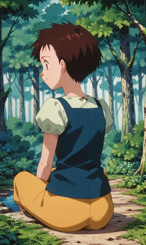 score_9, score_8_up, score_7_up, 1girl, solo, source_anime, pkmArielle, short hair, brown hair, solo, short  short sleeves,  brown eyes<lora:pkmArielle:1> sitting, in a forest, smile, from behind,