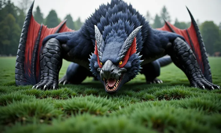 hyperrealistic art of a drgagon in a field, the dragon has a winged arm. the dragon has a red glowing eye. aidmaHyperrealism, mythp0rt, n4rg4cug4. extremely high-resolution details, photographic, realism pushed to extreme, fine texture, incredibly lifelike...