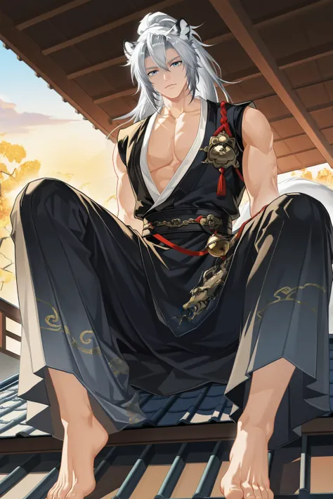 <lora:fengyangjun:0.8>,fengyangjun,blue eyes,animal ears,slim,sleeveless_kimono,looking at viewer,sitting on rooftop,from below,barefoot,open clothes,1boy,solo,yaoi,bara,male focus,masterpiece,best quality,amazing quality,nsfw,uncersored,highres,best quali...