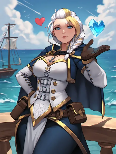 masterpiece, good quality, best quality, very awa, very as2,  
1girl, jaina proudmoore,
solo,
cowboy shot, standing, hand on own hip, standing on ship, leaning back, handrail, close-up,
looking at viewer, happy, blowing kiss, heart, ice heart, glowing, mag...