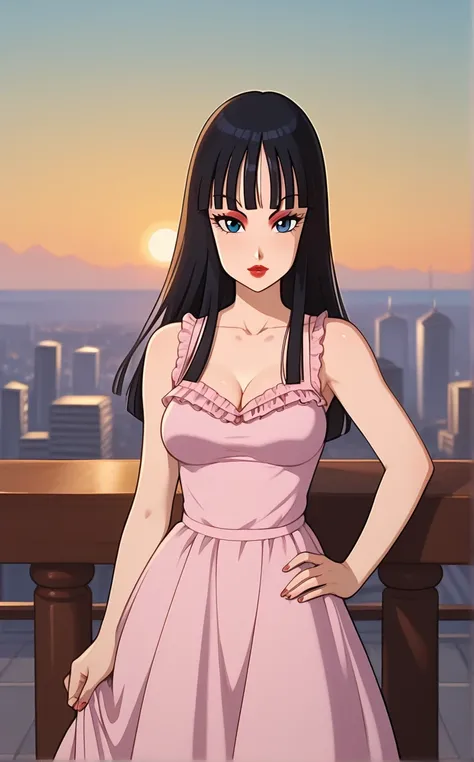 score_9, score_8_up, score_7_up, absurdres,contrapposto, hand on hip, sunset, sidelighting, cityscape, vanishing point, outdoors, depth of field, solo, looking at viewer,   <lora:PONYXL_DragonBall_Mai_ownwaifu:1> BREAK  PinkDress_Mai_ownwaifu, 1girl, black...