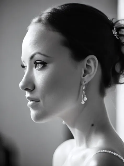 owilde, profile  portrait of a 1girl with hair in bun with slender neck and hoop earrings,  monochrome, dynamic, wedding gown, graphic, abstract, sharp focus, editorial photography, black and white, film grain, masterpiece