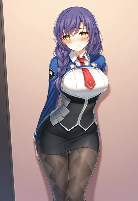 1girl,alice wiseman,closers,from avode,blush,aroused,breasts,large breasts,purple hair,shirt skirt,argyle pantyhose,red necktie,braid,smile,yellow eyes,game cg,official art,best quality,amazing quality, very aesthetic, highres, incredibly absurdres,year 20...