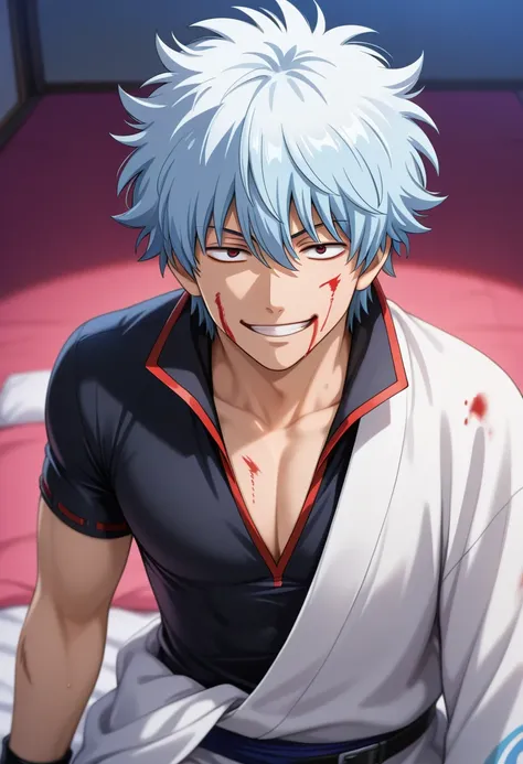 1boy, sakata gintoki, gintama, blood on face, smile, looking at viewer, masterpiece, newest