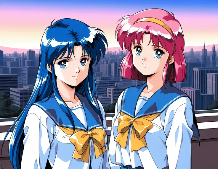 masterpiece, best quality, good quality, <lora:AiShimai_Futari_no_Kajitsu_IS:1> Kitazawa_Rumi, 1girl, blue hair, breasts, long hair, blue eyes, 
school uniform, serafuku, 1990s (style) BREAK, Kitazawa_Tomoko, 1girl, pink hair, Yellow hairband, small breast...