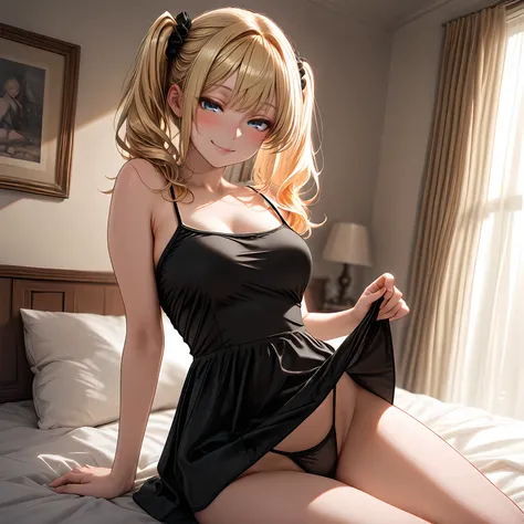 masterpiece,best quality,amazing quality, 1girl, aged up,  blue eyes, blonde hair, twintails, hair scrunchie, sitting, on bed, bedroom, depth of field, dutch angle, seductive smile, cowboy shot, sunlight, lens flare, <lora:Sexy_simple_dress:0.8> sesidr, sh...