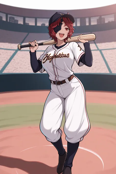 masterpiece, best quality, 1girl, solo,  <lora:hephaestus-illu-nvwls-v1-000005:1> hephaistos, red hair, medium hair, eyepatch, red eyes, (large breasts:0.7), baseball jersey, white pants, baggy pants, holding baseball bat over shoulder, happy, open mouth, ...