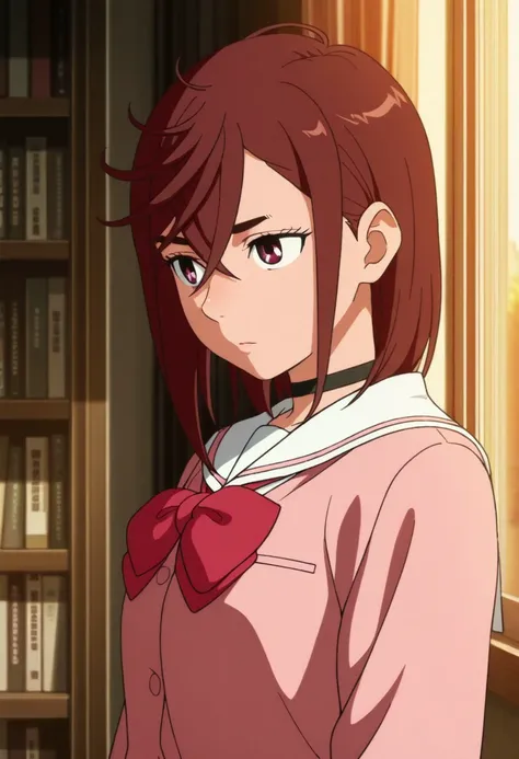 masterpiece,best quality,amazing quality,ayase momo, auburn hair, short hair, brownish crimson eyes, 1girl, solo, choker, window, school uniform, hair between eyes, bookshelf, indoors, anime coloring