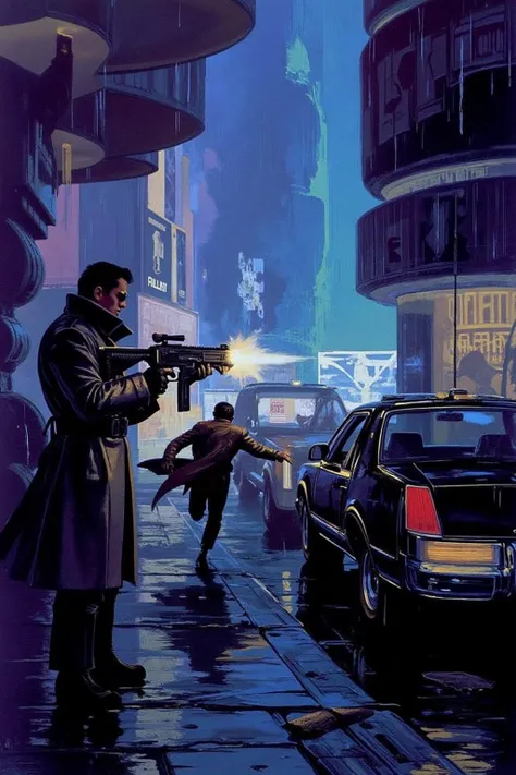 sydme1 painting A dramatic and intense scene depicting a blade runner standing resolutely on a rain-slick urban street, illuminated by the glow of neon lights from towering buildings. The blade runner, clad in a long, dark trench coat that billows slightly...