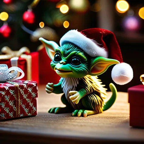 masterpiece, intricate photo, christmas gremlin, background kids elven toy factory at the north pole, christmas tree, festively decorated, christmas gifts, photo realistic, hyper realistic, highly detailed, sharp focus, best quality, high resolution, color...