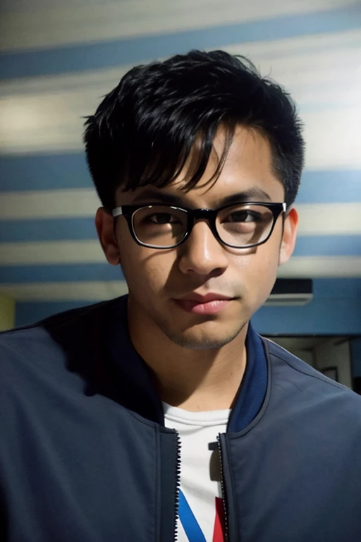 boy wearing bomber jacket and glasses in the gym, black hair, (flow haircut) ((blue eyes)), photorealistic, realistic, 8k, high quality, highres, high contrast,  <lora:RyujiKyle:1>