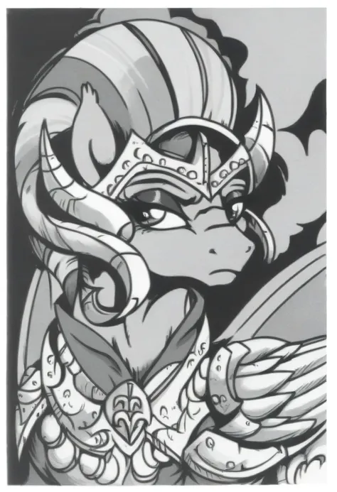 monochrome, Score_9, score_8_up, source_pony, feral, 1girl, solo, ram horns, half closed eyes, serious, armor, wings,