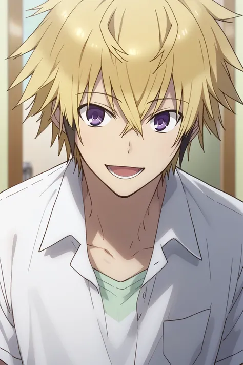 1boy,solo,male focus,tsuchimikado harutora,blonde hair,black hair,purple eyes,white shirt,smile,open mouth,looking at viewer