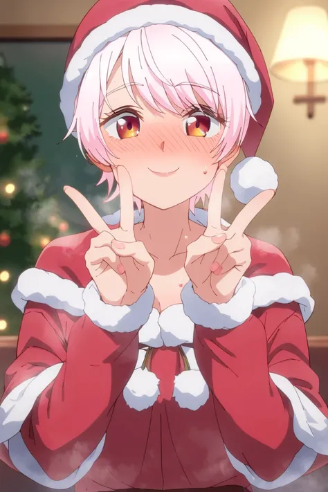 score_9, score_8_up, score_7_up, source_anime, rena, red eyes, pink hair, short hair, medium breasts, steaming, cute santa outfit, santa hat, sweaty, sweatdrop, steaming body double v, smile, blush, solo, indoors, best quality, high quality