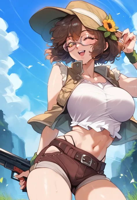 score_9, score_8_up, score_7_up, score_6_up, score_5_up, score_4_up, masterpiece, best quality, BREAK,
1girl, outdoors,  <lora:Fio_Germi_Metal_slug_Pony_ver01:1> fio_germi, glasses, brown hair female, hat, large breasts, crop top, vest, midriff, short shor...