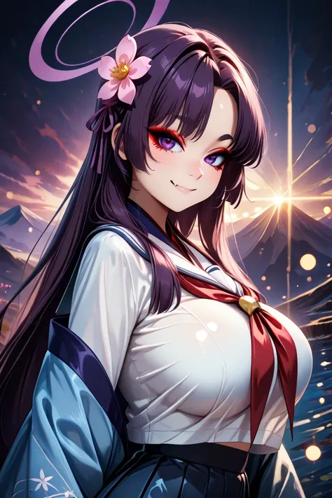 masterpiece, best quality, solo, curvy, beautiful eyes, zzYukari, long hair, purple hair, halo, purple halo, hair ornament, hair flower, purple eyes, eyeshadow, red eyeshadow, fang, skin fang, large breasts, haori, pink flower, red neckerchief, serafuku, s...